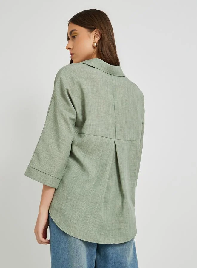 Styli Styli Solid Linen Buttoned Spread Collar Shirt