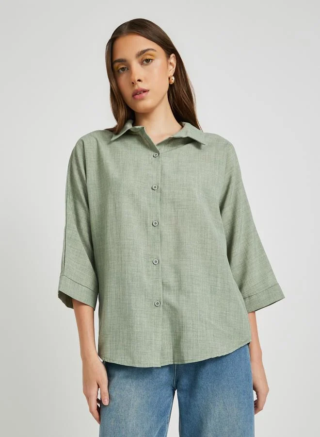 Styli Styli Solid Linen Buttoned Spread Collar Shirt