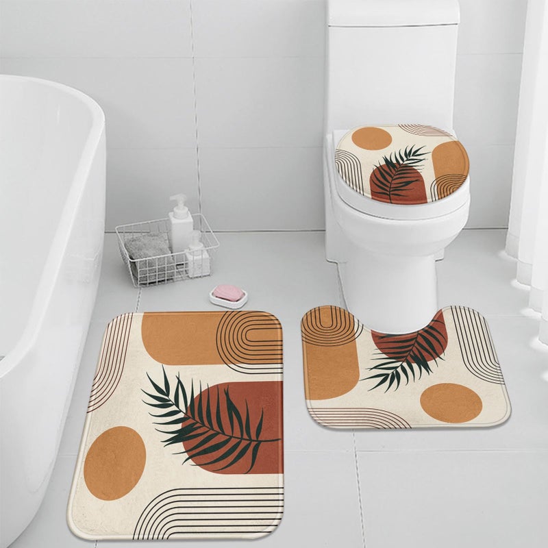Britimes Boho Mid Century Bathroom Rug Set of 3 Brown Abstract Minimalistic Arch Beige 3 Pieces Bath Mats Set No Silp Washable Cover Floor Rug Decorations for Kitchen Bathroom Bedroom