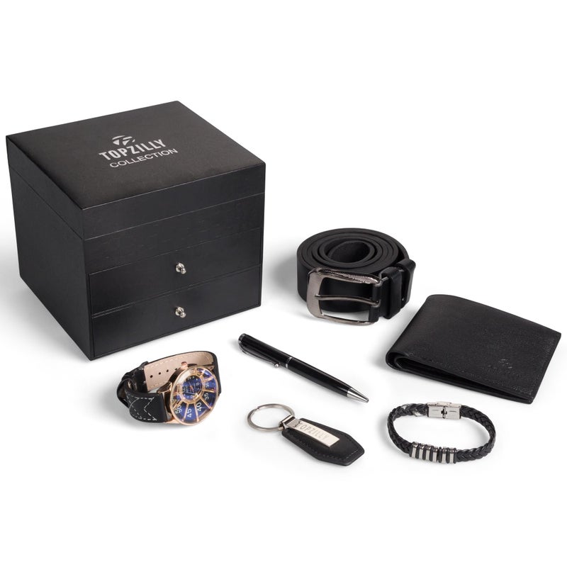 TOPZILLY طقم هدايا توبزيلي الفاخر للرجال: ساعة، سوار، سلسلة مفاتيح، محفظة جلدية وحزام - هدايا عيد الميلاد له، هدايا عيد الميلاد للرجال، محافظ الرجال، أفكار هدايا، سلال هدايا للرجال - Image 2