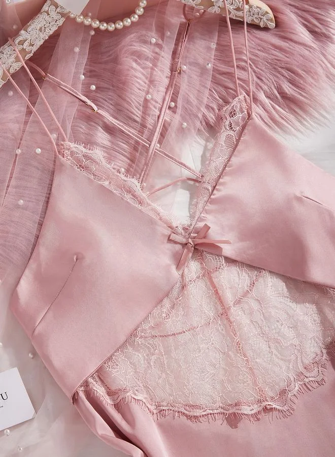 تايك تو Women Solid Satin Patchwork Lace Bow Cami Slip Dress