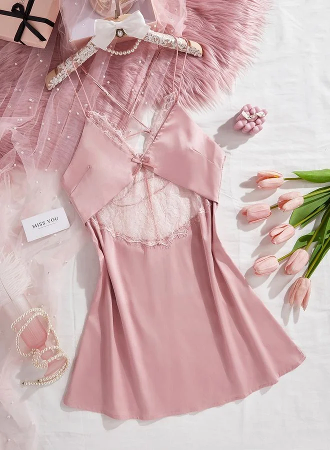 تايك تو Women Solid Satin Patchwork Lace Bow Cami Slip Dress
