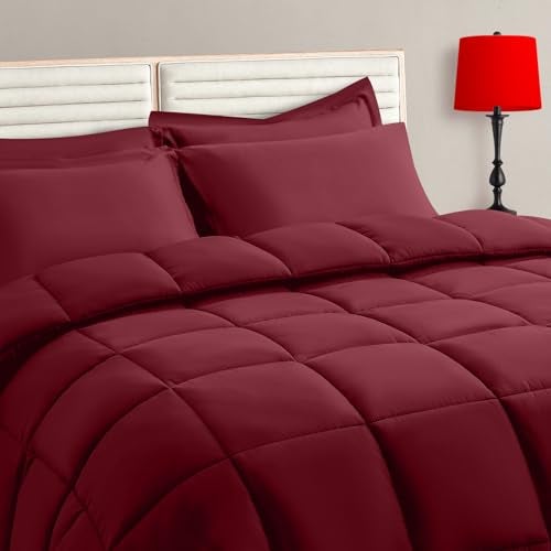 TAIMIT Burgandy Queen Size Comforter Set - 7 Pieces, Bed in a Bag Bedding Sets with All Season Soft Quilted Warm Fluffy Reversible Comforter,Flat Sheet,Fitted Sheet,2 Pillow Shams,2 Pillowcases - Image 1