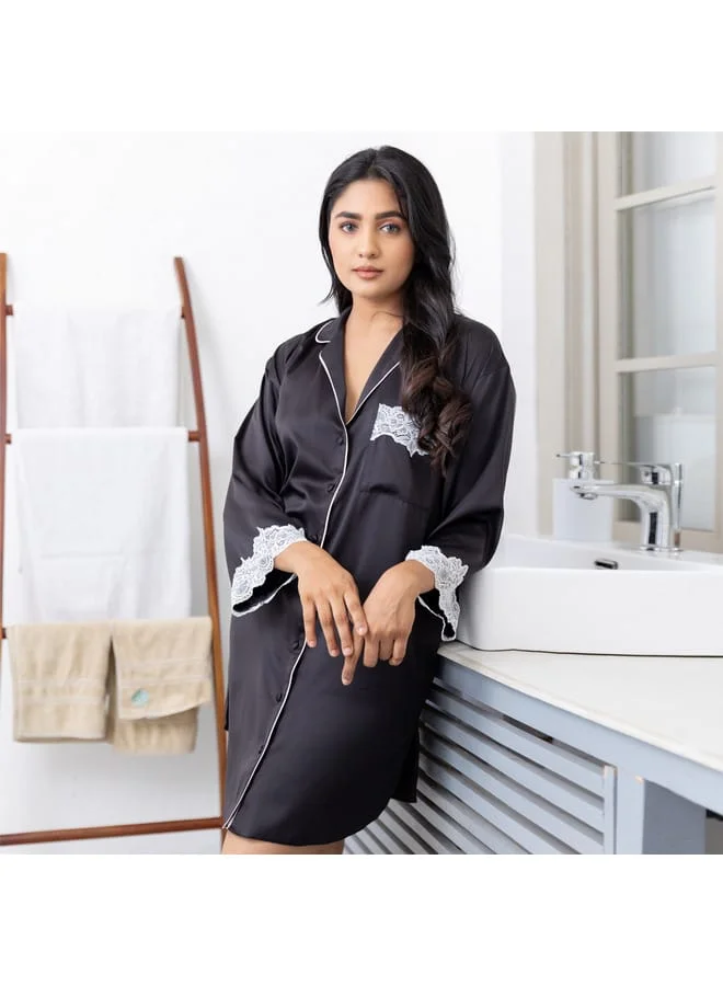 Aadaraya Aadaraya Sateen Sleepshirt with Long Sleeves and Lace Detail