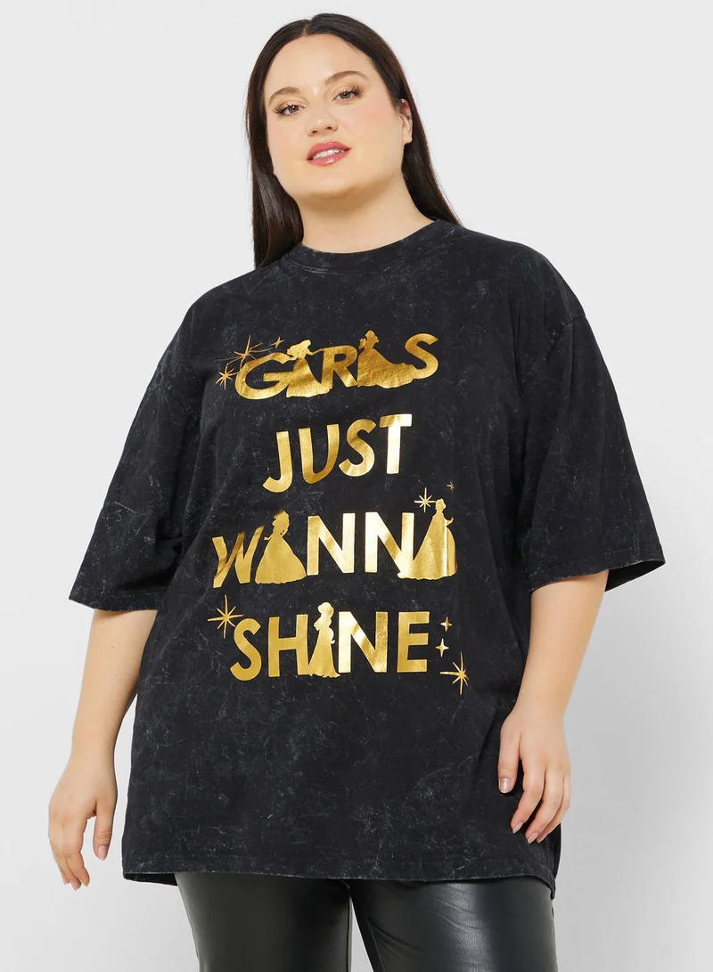 Disney Princess Plus Size Oversize Acid Wash Slogan T-Shirt