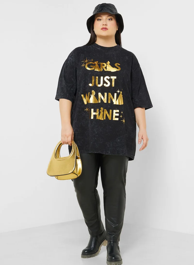 Disney Princess Plus Size Oversize Acid Wash Slogan T-Shirt