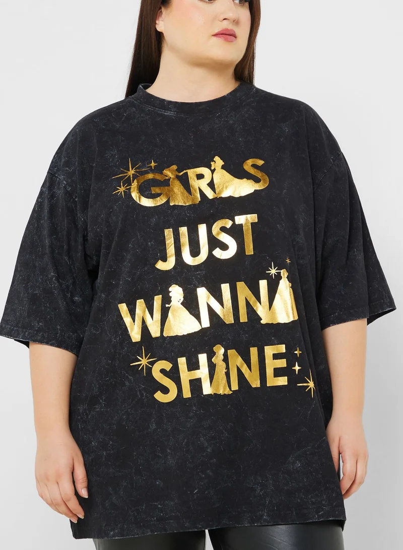 Disney Princess Plus Size Oversize Acid Wash Slogan T-Shirt