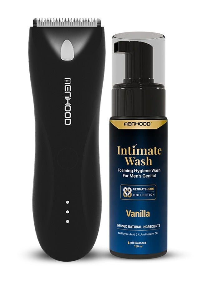 MENHOOD Waterproof Cordless Grooming Trimmer 1.0 Pro Black & Intimate Wash for Men 150ML | Complete Male Grooming Kit | Full Body & Beard Trimmer with 150 Min Runtime | Rechargeable Electric Groomer & Shaver | Tea Tree & Neem Oil Foaming Wash | Anti-Fungal, pH Balanced, Skin Brightening & Long-Lasting Freshness - Image 1