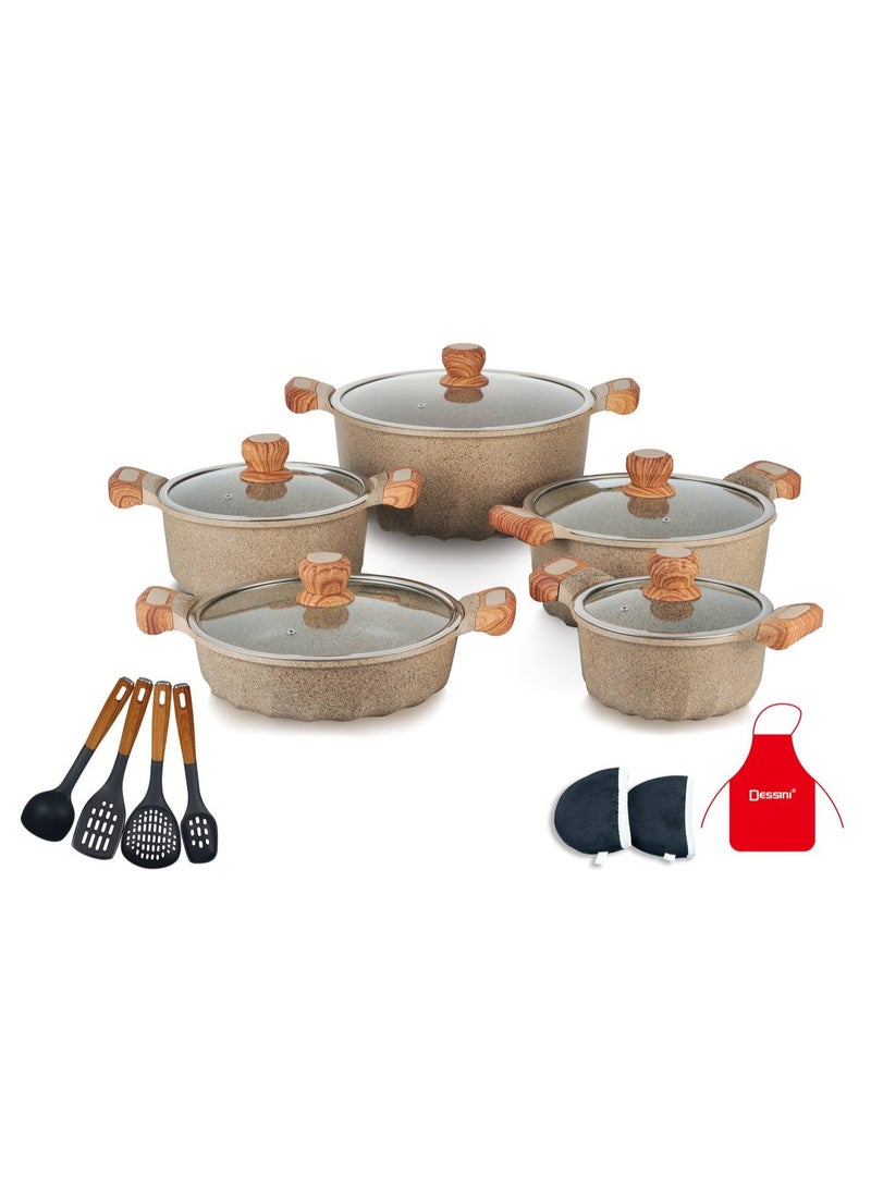 DESSINI 17-Piece Non Stick Granite Cookware Set 20/24/28/32Cm Casserole, 28Cm Shallow Casserole- PFOA Free - 2020 beige 