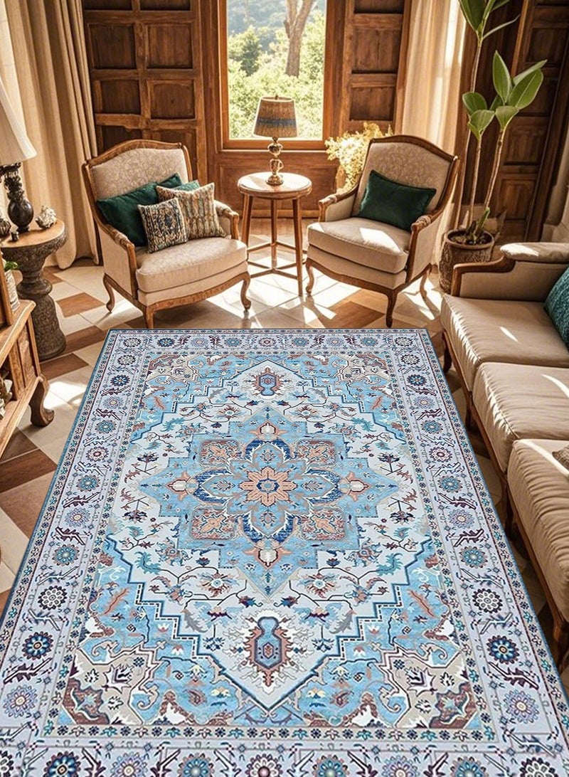HomarKet Floral Area Rug Soft Large Rugs for Bedroom Aesthetic Dining Room Rug Vintage Printed Non Slip Low Pile Living Room Carpet for Family Room Foyer Den Office Blue 140*200cm - Image 5