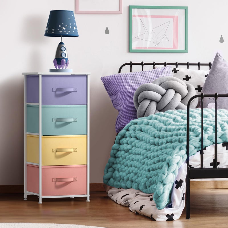 Sorbus Nightstand with 4 Drawers - Bedside Furniture & Accent End Table Chest for Home, Bedroom, Office, College Dorm, Steel Frame, Wood Top, Easy Pull Fabric Bins (4-Drawer, Pastel/White) - Image 2