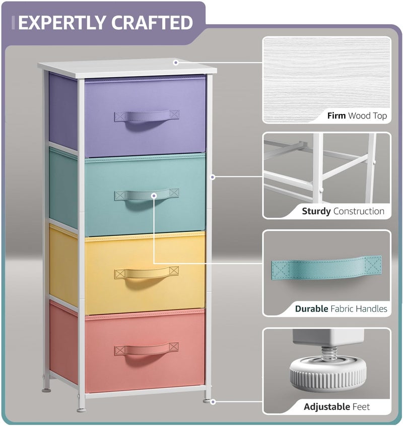 Sorbus Nightstand with 4 Drawers - Bedside Furniture & Accent End Table Chest for Home, Bedroom, Office, College Dorm, Steel Frame, Wood Top, Easy Pull Fabric Bins (4-Drawer, Pastel/White) - Image 3