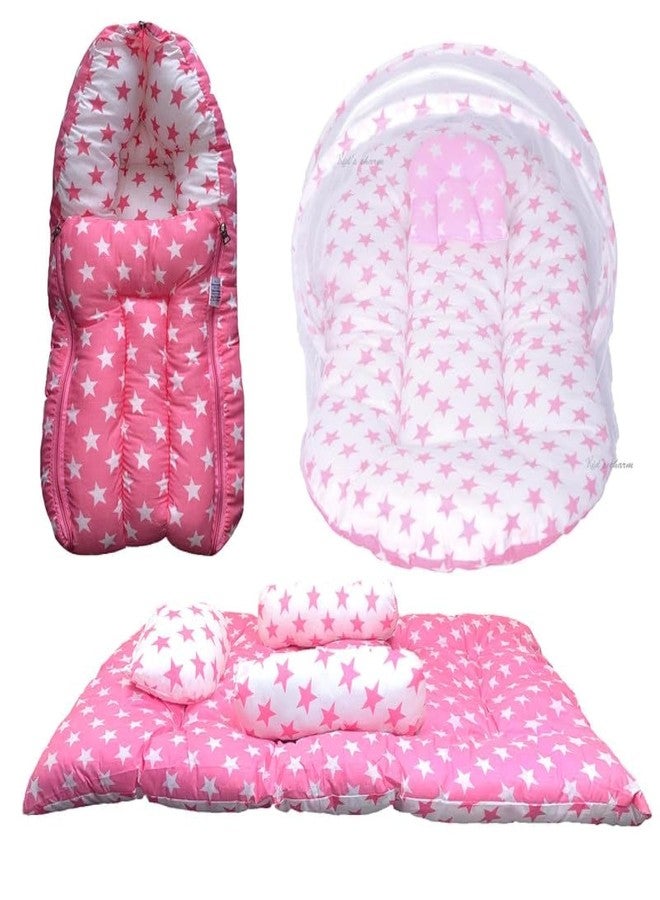 Infans Mini New Born Baby Bedding Set Premium Cotton|Baby Carry Bed|Mosquito Net Bed|Baby Sleeping Bed for 0-4 Months Babies(Mini)|Unisex 3 Pcs Portable Bedding Set |(Milky Star Pink) - Image 1