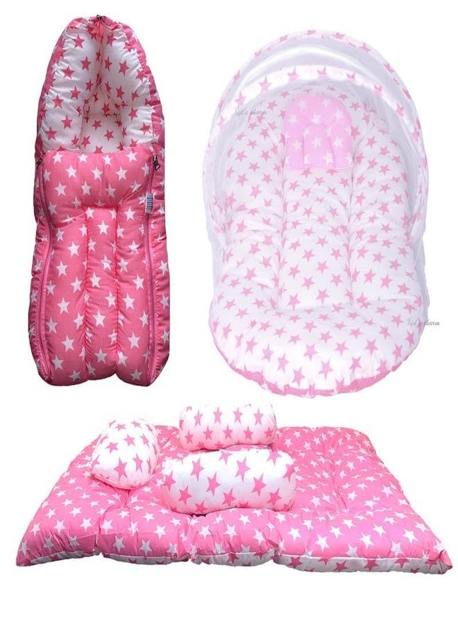Infans Mini New Born Baby Bedding Set Premium Cotton|Baby Carry Bed|Mosquito Net Bed|Baby Sleeping Bed for 0-4 Months Babies(Mini)|Unisex 3 Pcs Portable Bedding Set |(Milky Star Pink) - Image 2