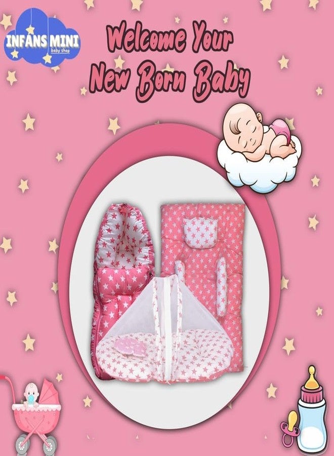 Infans Mini New Born Baby Bedding Set Premium Cotton|Baby Carry Bed|Mosquito Net Bed|Baby Sleeping Bed for 0-4 Months Babies(Mini)|Unisex 3 Pcs Portable Bedding Set |(Milky Star Pink) - Image 5