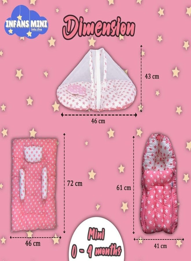 Infans Mini New Born Baby Bedding Set Premium Cotton|Baby Carry Bed|Mosquito Net Bed|Baby Sleeping Bed for 0-4 Months Babies(Mini)|Unisex 3 Pcs Portable Bedding Set |(Milky Star Pink) - Image 4