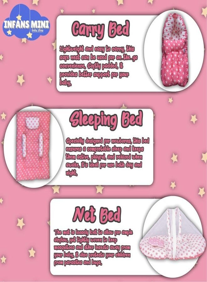 Infans Mini New Born Baby Bedding Set Premium Cotton|Baby Carry Bed|Mosquito Net Bed|Baby Sleeping Bed for 0-4 Months Babies(Mini)|Unisex 3 Pcs Portable Bedding Set |(Milky Star Pink) - Image 3