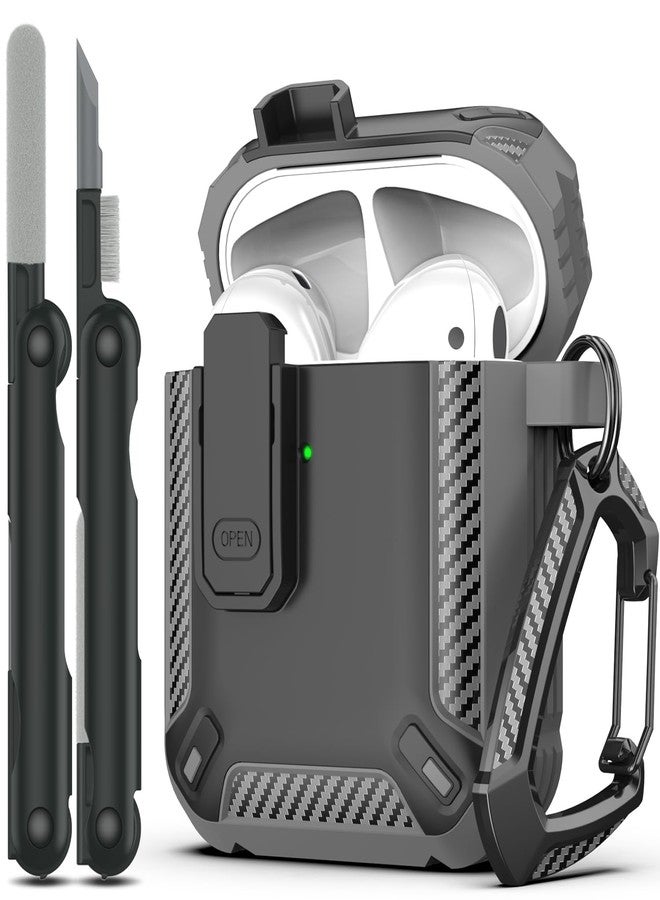 RFUNGUANGO for AirPods 2nd Generation Case Cover with Cleaner Kit, Military Hard Shell Protective Armor with Lock for AirPod Gen 1&2 Charging Case, Front LED Visible,Grey - Image 1