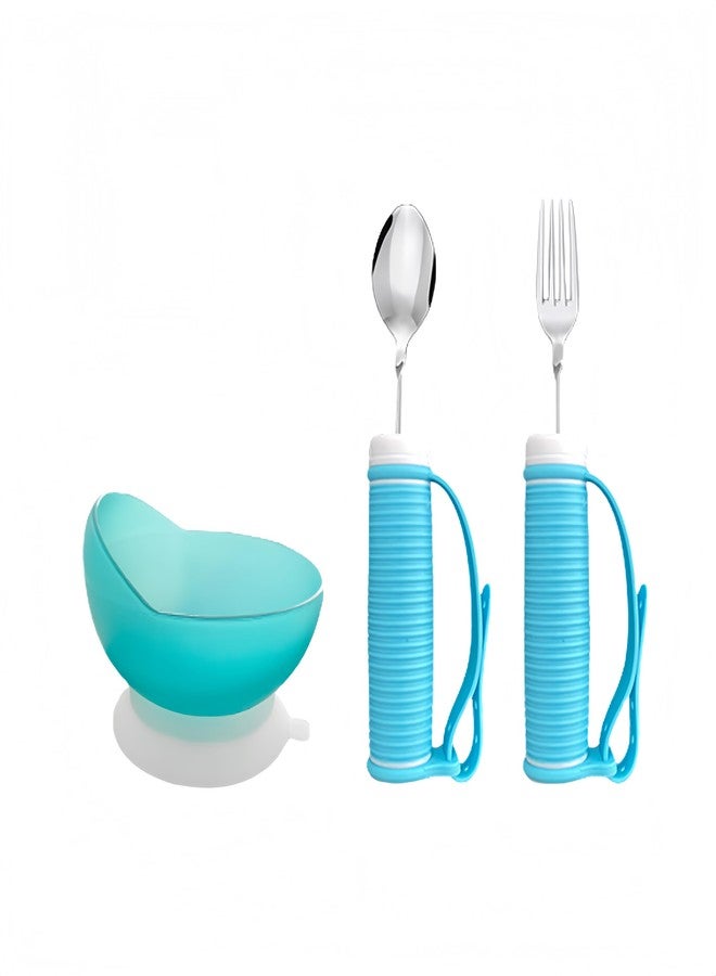 UKYCEORA Auxiliary tableware, feeding tableware, including feeding forks, feeding spoons, and anti-spill bowls, suitable for the elderly and hand injury rehabilitation personnel，Blue - Image 1