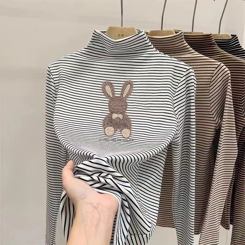 Boys And Girls Velvet Versatile Striped T-Shirt Base Shirt Half High Neck Warm Simple Versatile Children'S T-Shirt - Image 1
