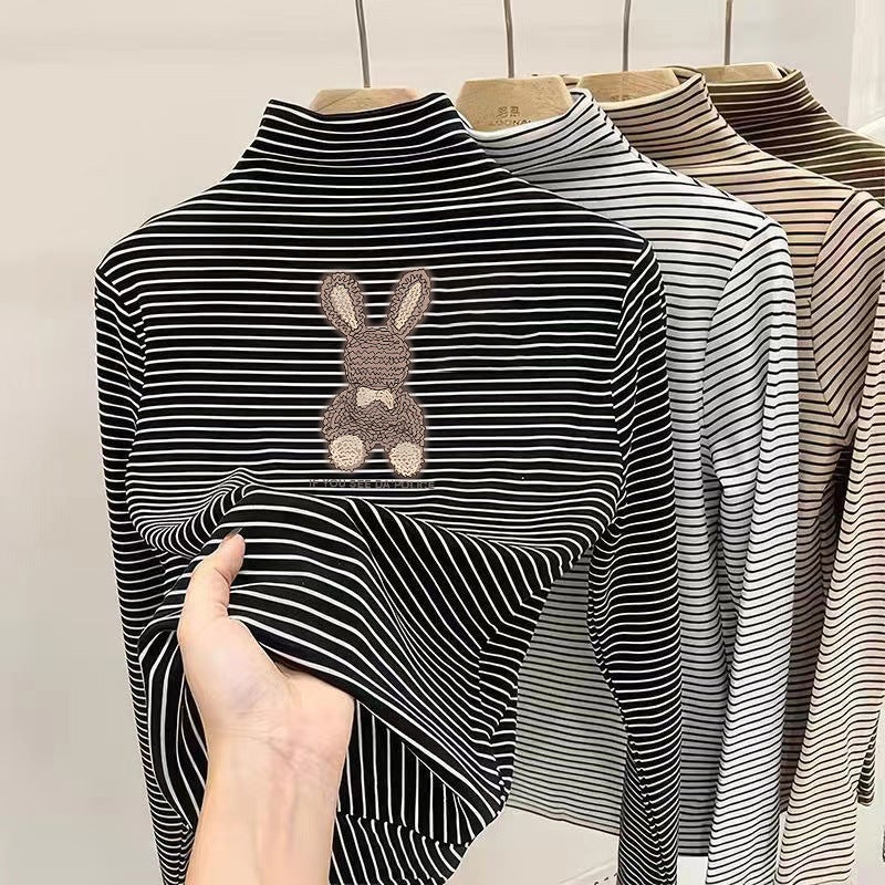 Boys And Girls Velvet Versatile Striped T-Shirt Base Shirt Half High Neck Warm Simple Versatile Children'S T-Shirt - Image 4