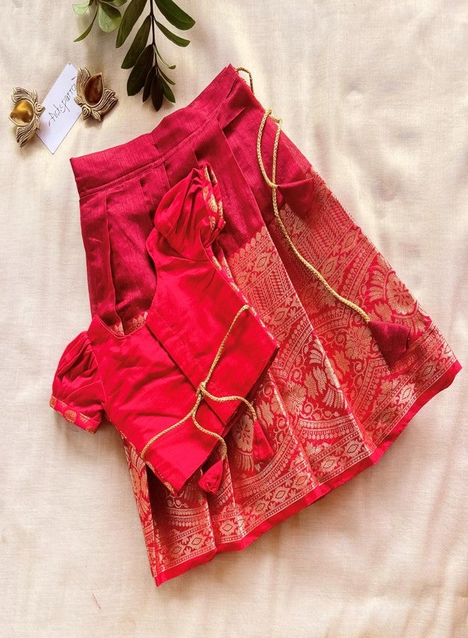 Picksparrow فستان باتو بافاداي/لينغا تشولي/زي هندي احتفالي للبنات الصغيرات من بيكسبارو (بلوزة حمراء بأكمام منفوخة) (أحمر-أحمر، 6-12 شهرًا) - Image 3