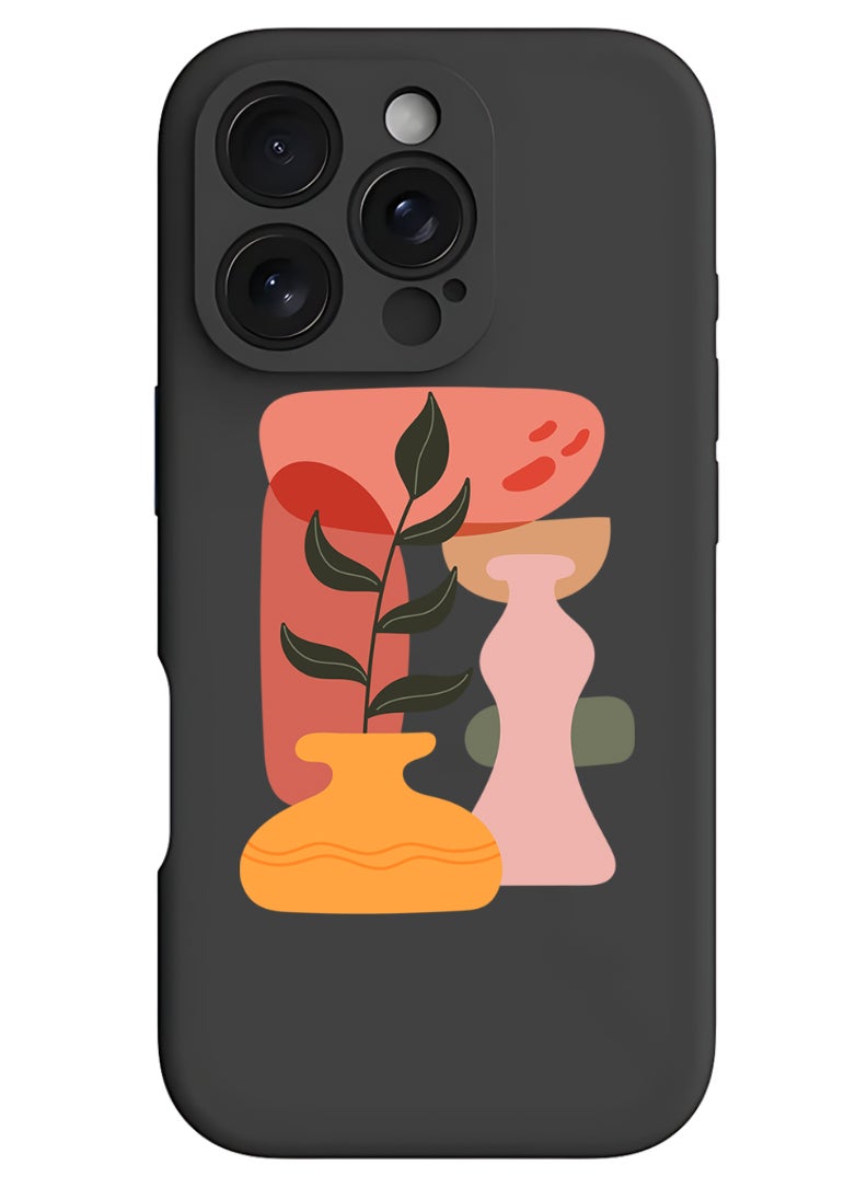Theodor iPhone 16 Pro Max Black Protective Slim Fit Case Liquid Silicone Cover with Full Body Protection Anti-Scratch Shockproof Case For iPhone - Vase leaf  - Image 1