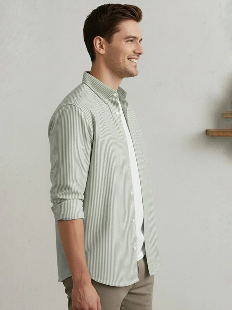 Urbano Fashion  Urbano Fashion Men's Light Olive Cotton Full Sleeve Regular Fit Casual Striped Shirt  | Best Price UAE