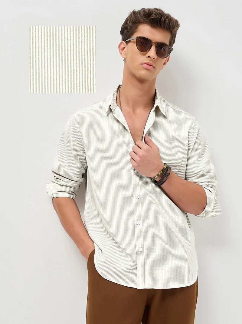 Urbano Fashion Men's Light Olive Cotton Full Sleeve Regular Fit Casual Striped Shirt
