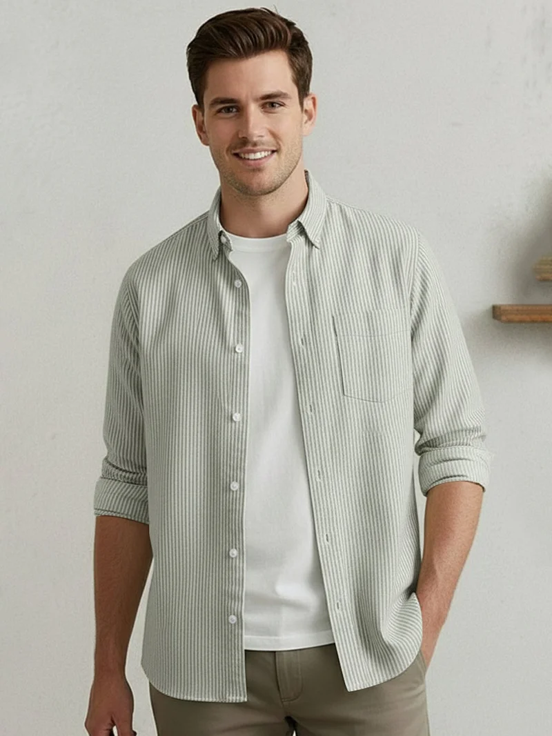 Urbano Fashion  Urbano Fashion Men's Light Olive Cotton Full Sleeve Regular Fit Casual Striped Shirt  | Best Price UAE