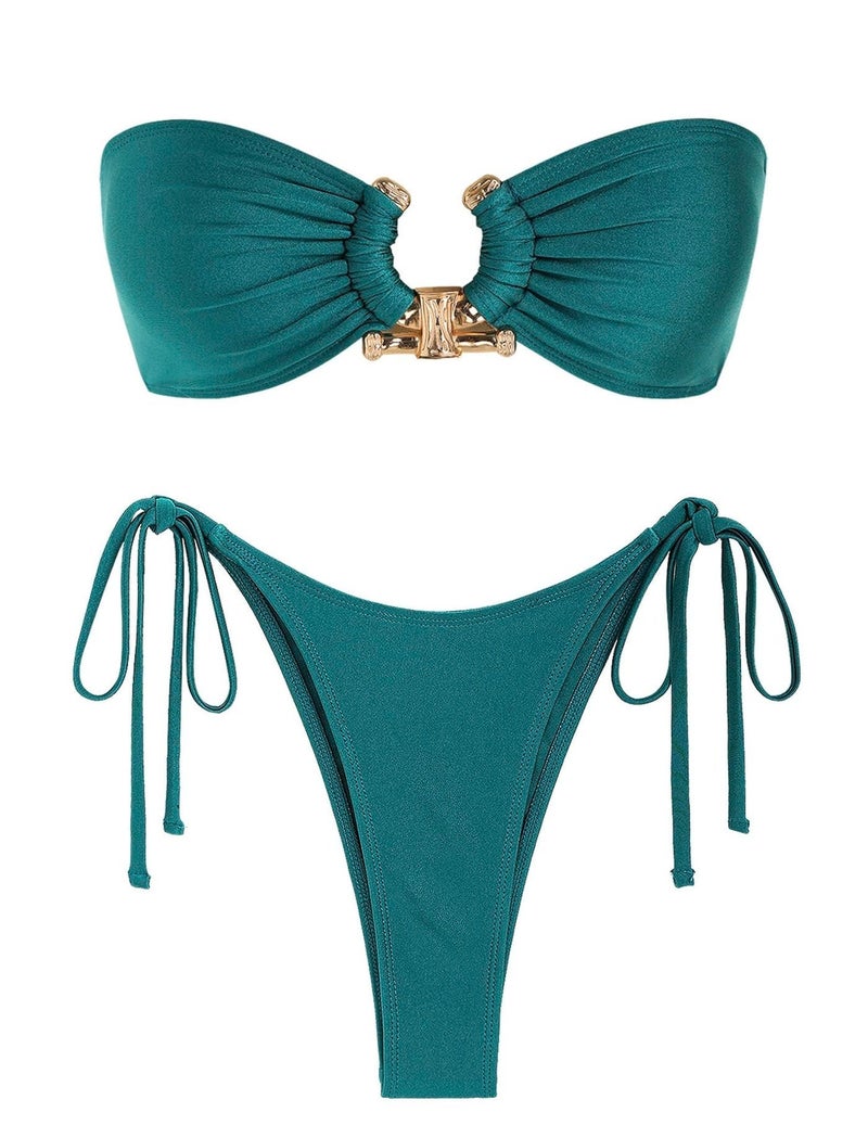 ZAFUL Metal Ring Bandeau Bikini Set Tie Side Bathing Suit High Cut 2 Piece Swimsuit Cutout Swimwear - Image 1