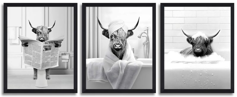 KBKBART Bathroom Decor Wall Art Framed  Funny Highland Cow Wall Art in Toilet  Black and White Cow In Bathroom Picture  Humor Animals Bathroom Artwork Prints Bathroom Wall Decor Ready To Hang for Bathroom - Image 1