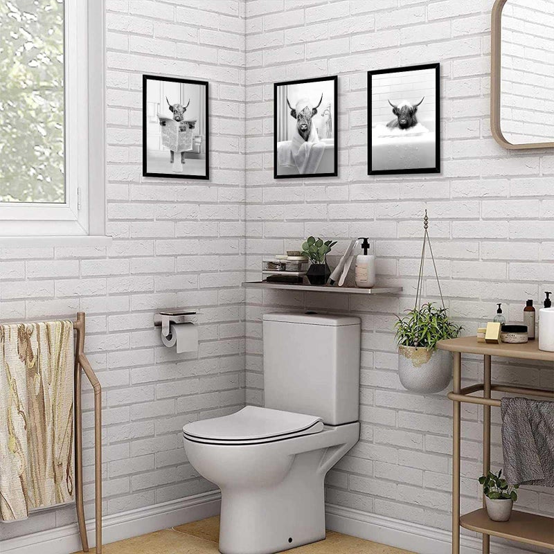 KBKBART Bathroom Decor Wall Art Framed  Funny Highland Cow Wall Art in Toilet  Black and White Cow In Bathroom Picture  Humor Animals Bathroom Artwork Prints Bathroom Wall Decor Ready To Hang for Bathroom - Image 5