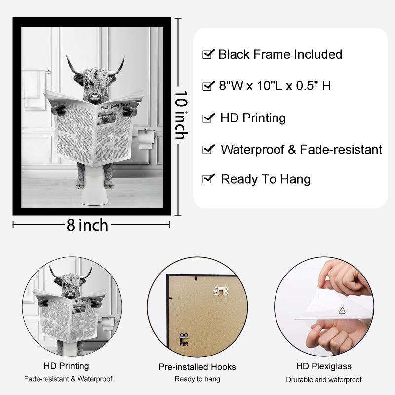 KBKBART Bathroom Decor Wall Art Framed  Funny Highland Cow Wall Art in Toilet  Black and White Cow In Bathroom Picture  Humor Animals Bathroom Artwork Prints Bathroom Wall Decor Ready To Hang for Bathroom - Image 2