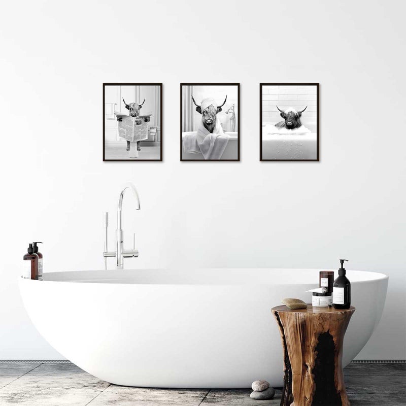 KBKBART Bathroom Decor Wall Art Framed  Funny Highland Cow Wall Art in Toilet  Black and White Cow In Bathroom Picture  Humor Animals Bathroom Artwork Prints Bathroom Wall Decor Ready To Hang for Bathroom - Image 3