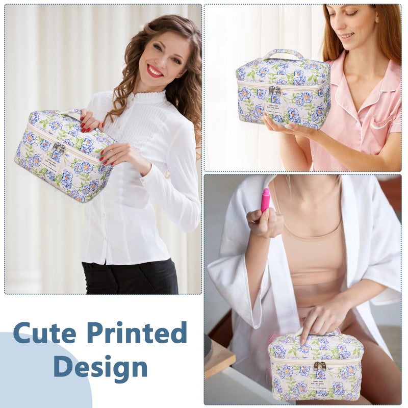 Gosect Large Makeup Bag, Cute Cosmetic Bag for Women Girls, Floral Coquette Aesthetic Toiletry Bag, Travel Make Up Organizer Bag (light blue) - Image 3
