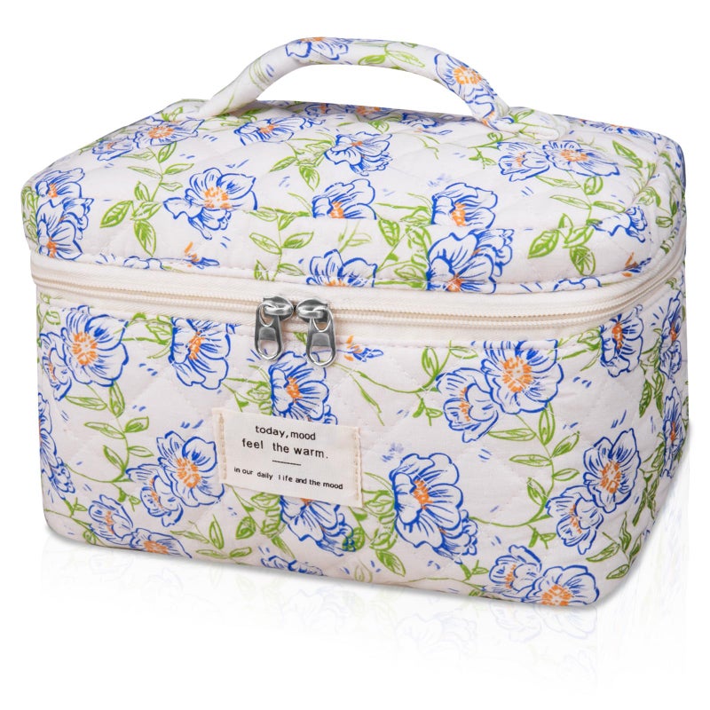 Gosect Large Makeup Bag, Cute Cosmetic Bag for Women Girls, Floral Coquette Aesthetic Toiletry Bag, Travel Make Up Organizer Bag (light blue) - Image 1