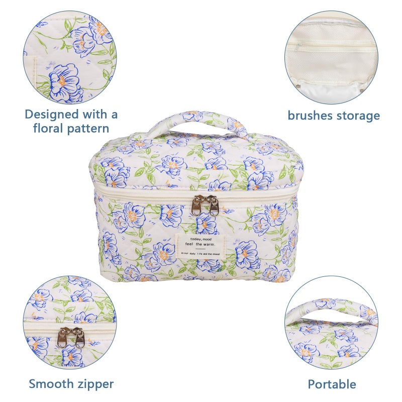 Gosect Large Makeup Bag, Cute Cosmetic Bag for Women Girls, Floral Coquette Aesthetic Toiletry Bag, Travel Make Up Organizer Bag (light blue) - Image 4