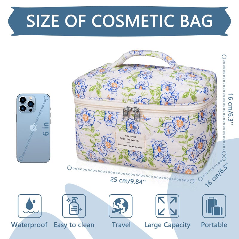 Gosect Large Makeup Bag, Cute Cosmetic Bag for Women Girls, Floral Coquette Aesthetic Toiletry Bag, Travel Make Up Organizer Bag (light blue) - Image 2