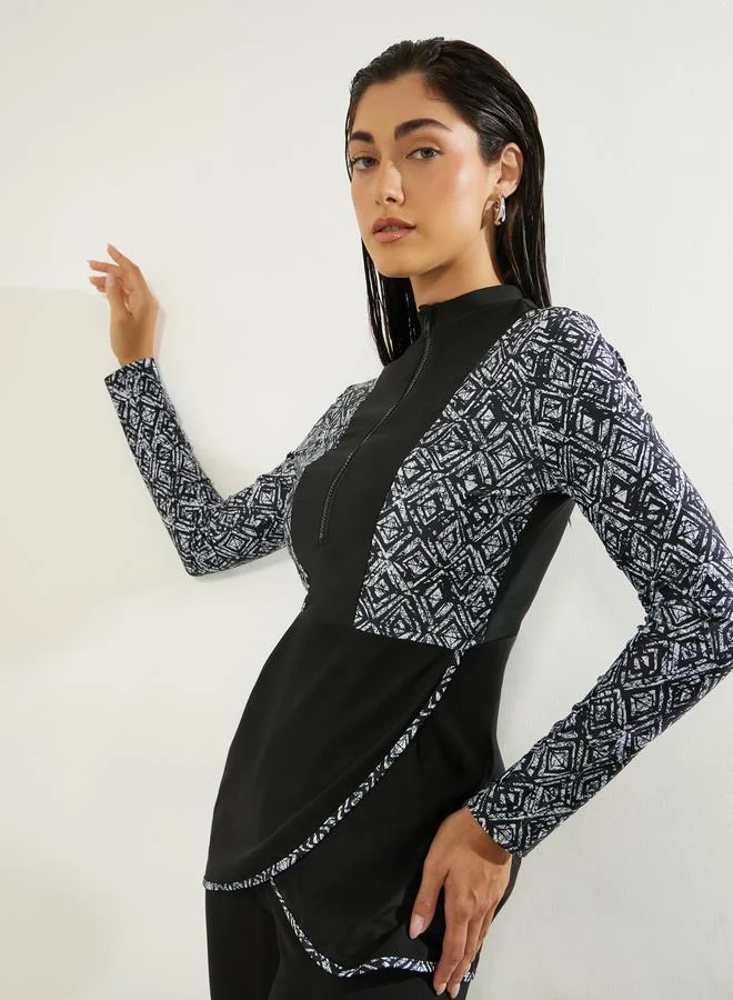 Styli Pack of 2 - Geo Print Side Panels Wrap Around Tunic and Leggings With Side Loop Burkini Set