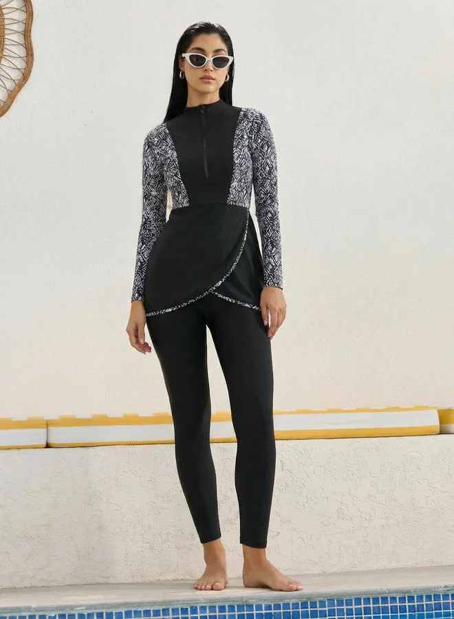 Styli Pack of 2 - Geo Print Side Panels Wrap Around Tunic and Leggings With Side Loop Burkini Set