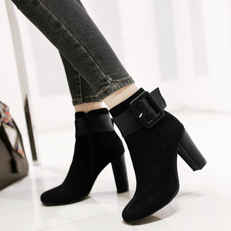2pcs Chic Women Pointed High Heel Chunky Heel Shoes Winter Fall Short Boots (Size 39) - Image 4