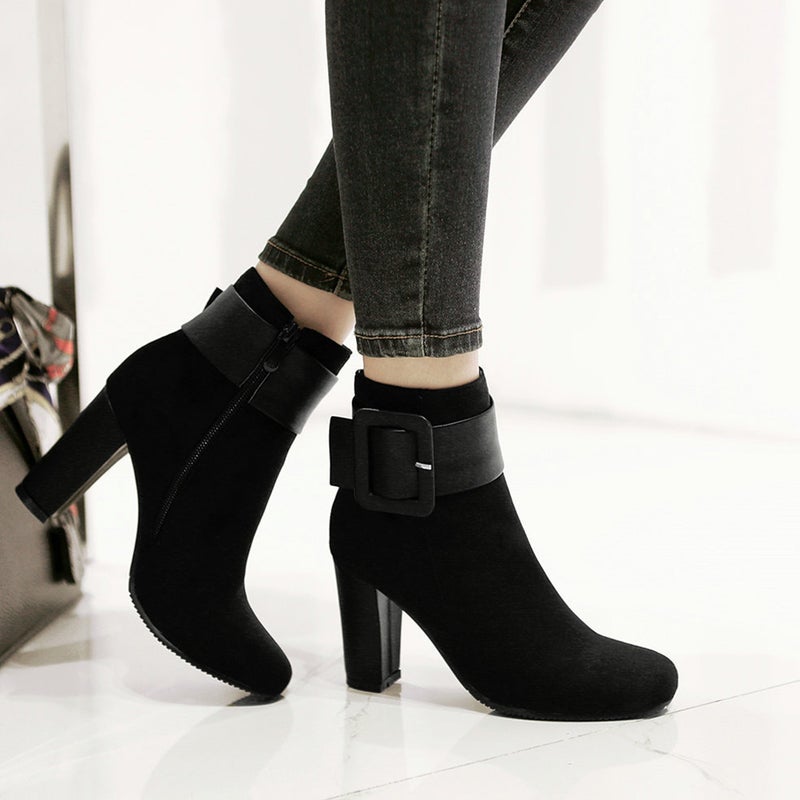 2pcs Chic Women Pointed High Heel Chunky Heel Shoes Winter Fall Short Boots (Size 39) - Image 5