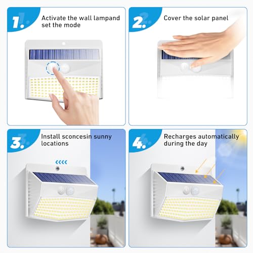 Peasur أضواء شمسية خارجية مع مستشعر حركة [138 LED/6 عبوات] ضوء أمان شمسي مع 3 أوضاع إضاءة أضواء جدارية مقاومة للماء تعمل بالطاقة الشمسية للحديقة والسياج والفناء والسقف، أبيض - Image 5