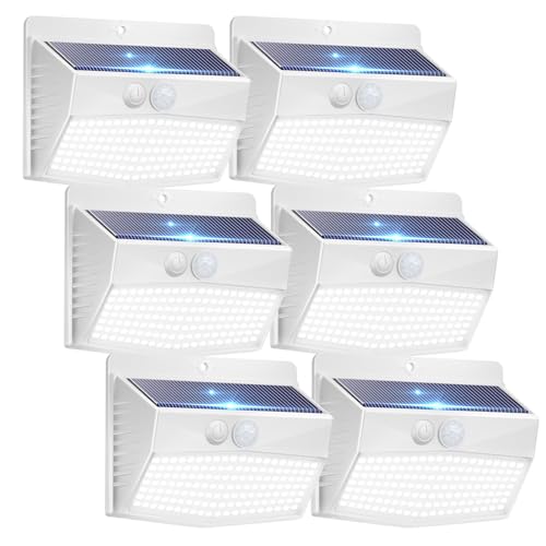 Peasur أضواء شمسية خارجية مع مستشعر حركة [138 LED/6 عبوات] ضوء أمان شمسي مع 3 أوضاع إضاءة أضواء جدارية مقاومة للماء تعمل بالطاقة الشمسية للحديقة والسياج والفناء والسقف، أبيض - Image 1