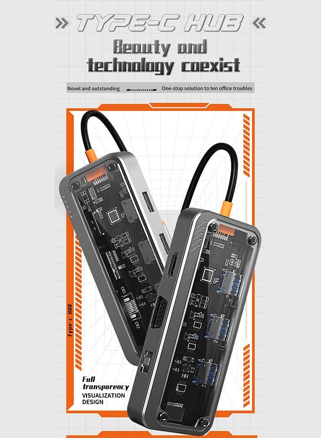 Beauenty Transparent 10-in-1 USB C Hub, HDMI VGA Port, 1000M Network Interface, PD Fast Charging, USB 3.0, 3.5mm Audio Port, SD TF Card for PCs, Tablets and Mobile Phones - Image 1