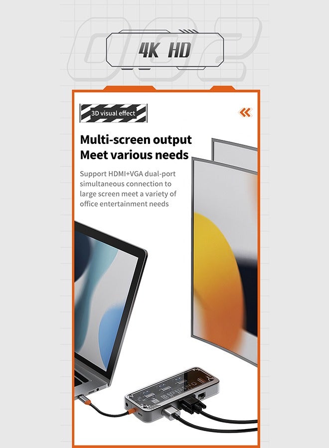 Beauenty Transparent 10-in-1 USB C Hub, HDMI VGA Port, 1000M Network Interface, PD Fast Charging, USB 3.0, 3.5mm Audio Port, SD TF Card for PCs, Tablets and Mobile Phones - Image 4