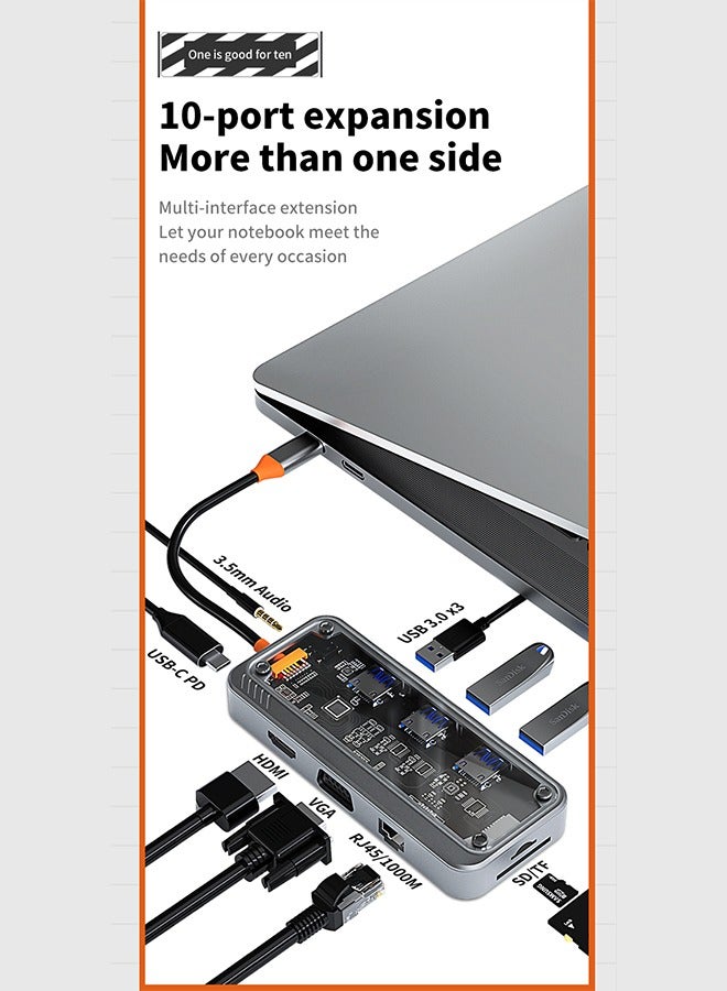 Beauenty Transparent 10-in-1 USB C Hub, HDMI VGA Port, 1000M Network Interface, PD Fast Charging, USB 3.0, 3.5mm Audio Port, SD TF Card for PCs, Tablets and Mobile Phones - Image 2