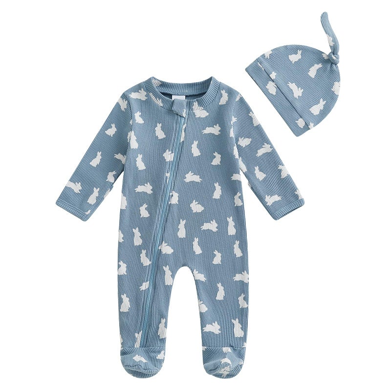 YINGISFITM My First Easter Baby Girl Boy Outfit Footie Romper Waffle Knit Zipper Onesie Jumpsuit Newborn Easter Clothes (Blue bunny, 0-3 Months) - Image 1