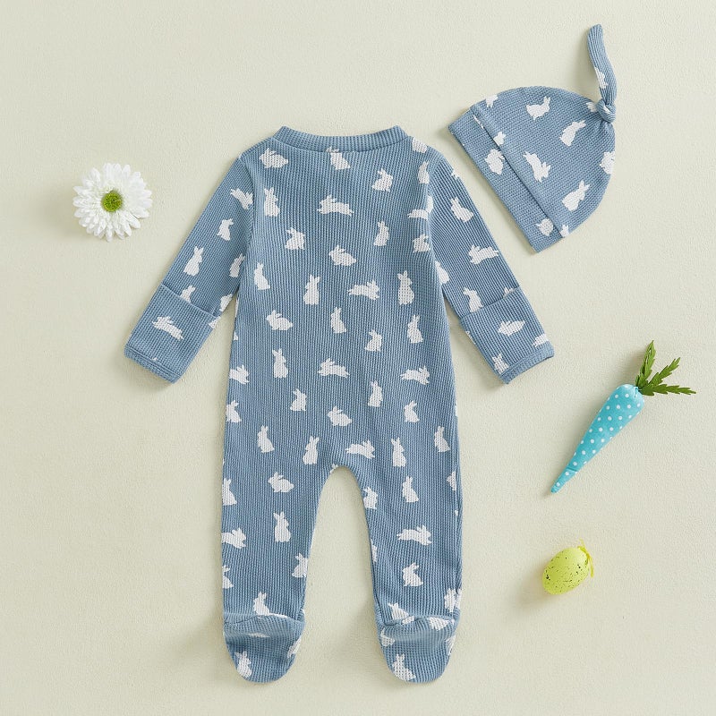 YINGISFITM My First Easter Baby Girl Boy Outfit Footie Romper Waffle Knit Zipper Onesie Jumpsuit Newborn Easter Clothes (Blue bunny, 0-3 Months) - Image 3